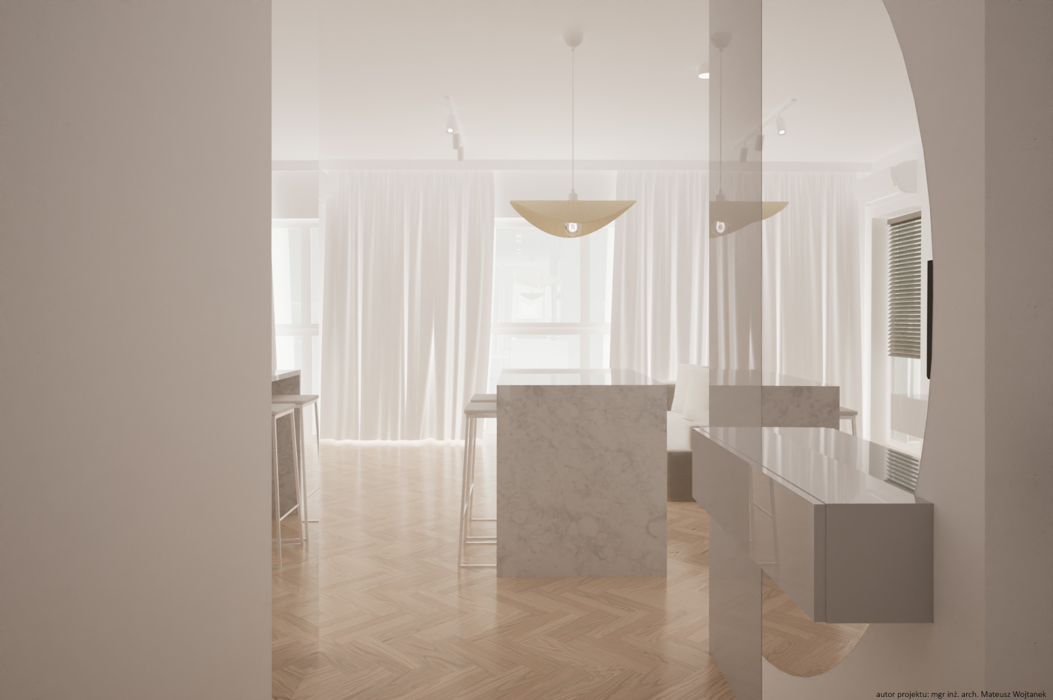 Wnętrze mieszkania w jasnych barwach z marmurową wyspą kuchenną, parkietem w jodełkę i nowoczesnym oświetleniem, widok zza łuku w ścianie.