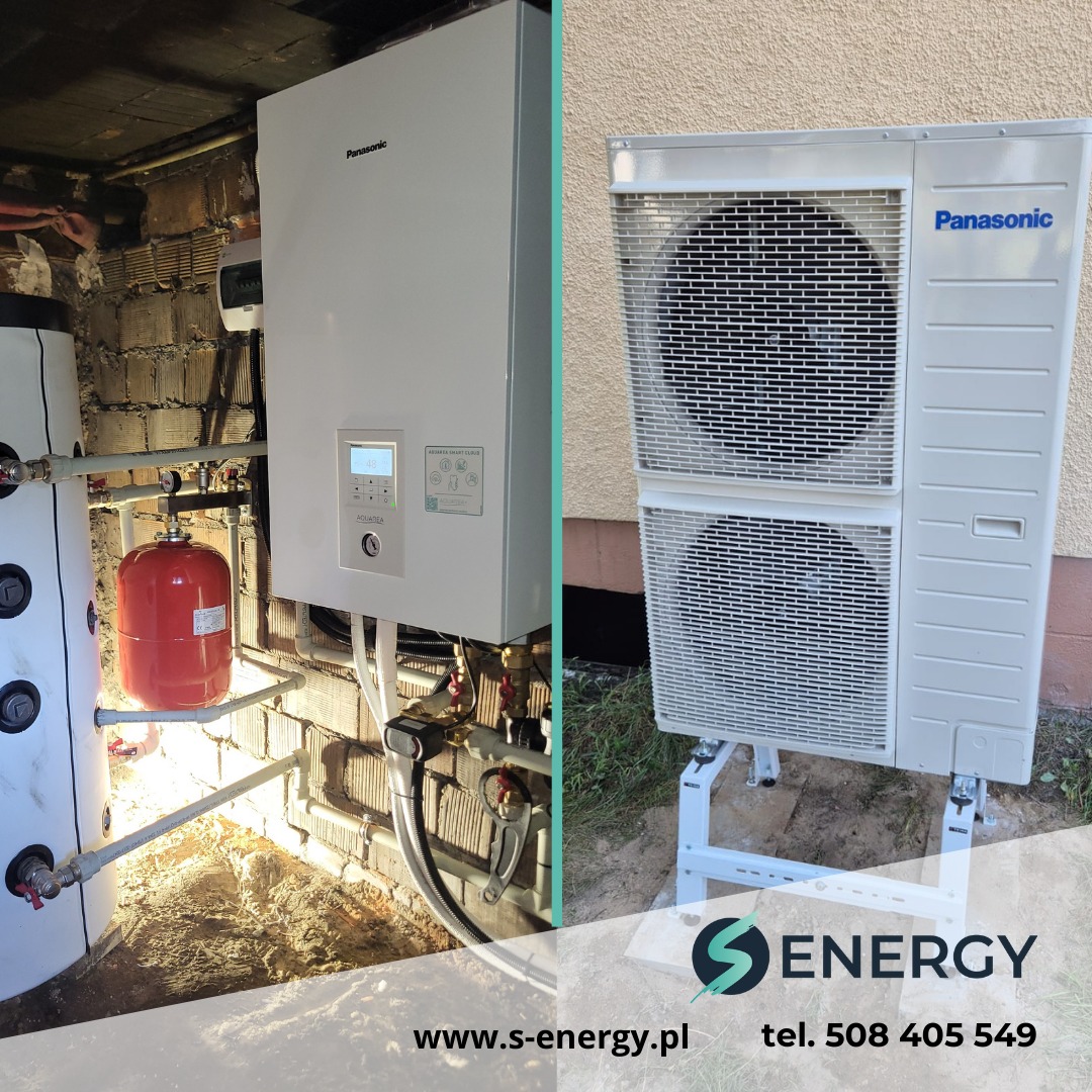 Zestaw pompy ciepła typu split Panasonic 12kW, z jednostką wewnętrzną zamontowaną na ceglanej ścianie i jednostką zewnętrzną ustawioną na metalowym stelażu przed budynkiem, widoczne elementy...