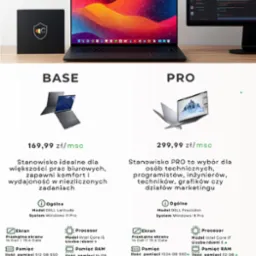 Porównanie dwóch konfiguracji laptopów: 'Base' z czarną obudową i 'Pro' w kolorze srebrnym, z widocznymi specyfikacjami technicznymi, takimi jak procesor, pamięć RAM i karta graficzna, na tle...