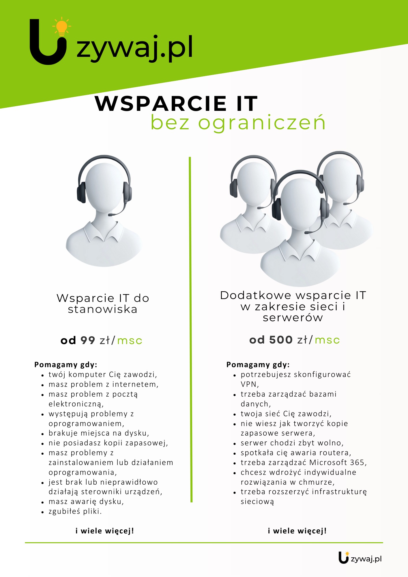 Grafika reklamowa usług wsparcia IT: po lewej stronie pojedyncza, biała, trójwymiarowa postać z zestawem słuchawkowym, symbolizująca wsparcie stanowiska; po prawej trzy podobne postacie obok siebie...