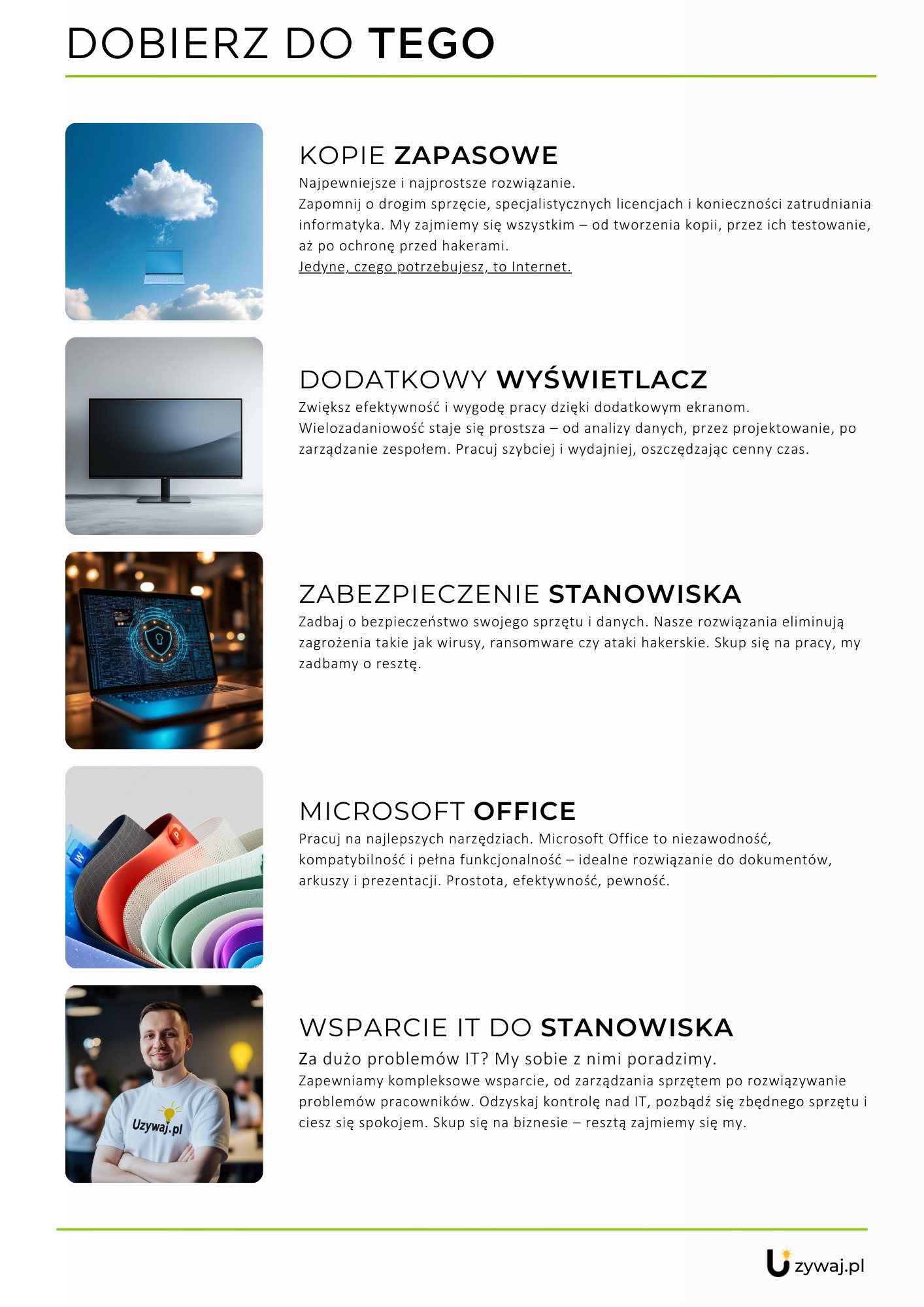 Grafika przedstawiająca chmurę z laptopem unoszącym się wewnątrz, symbolizująca kopie zapasowe w chmurze, dodatkowy monitor, laptop z tarczą, klawiatura i uśmiechnięty mężczyzna w koszulce z logo...