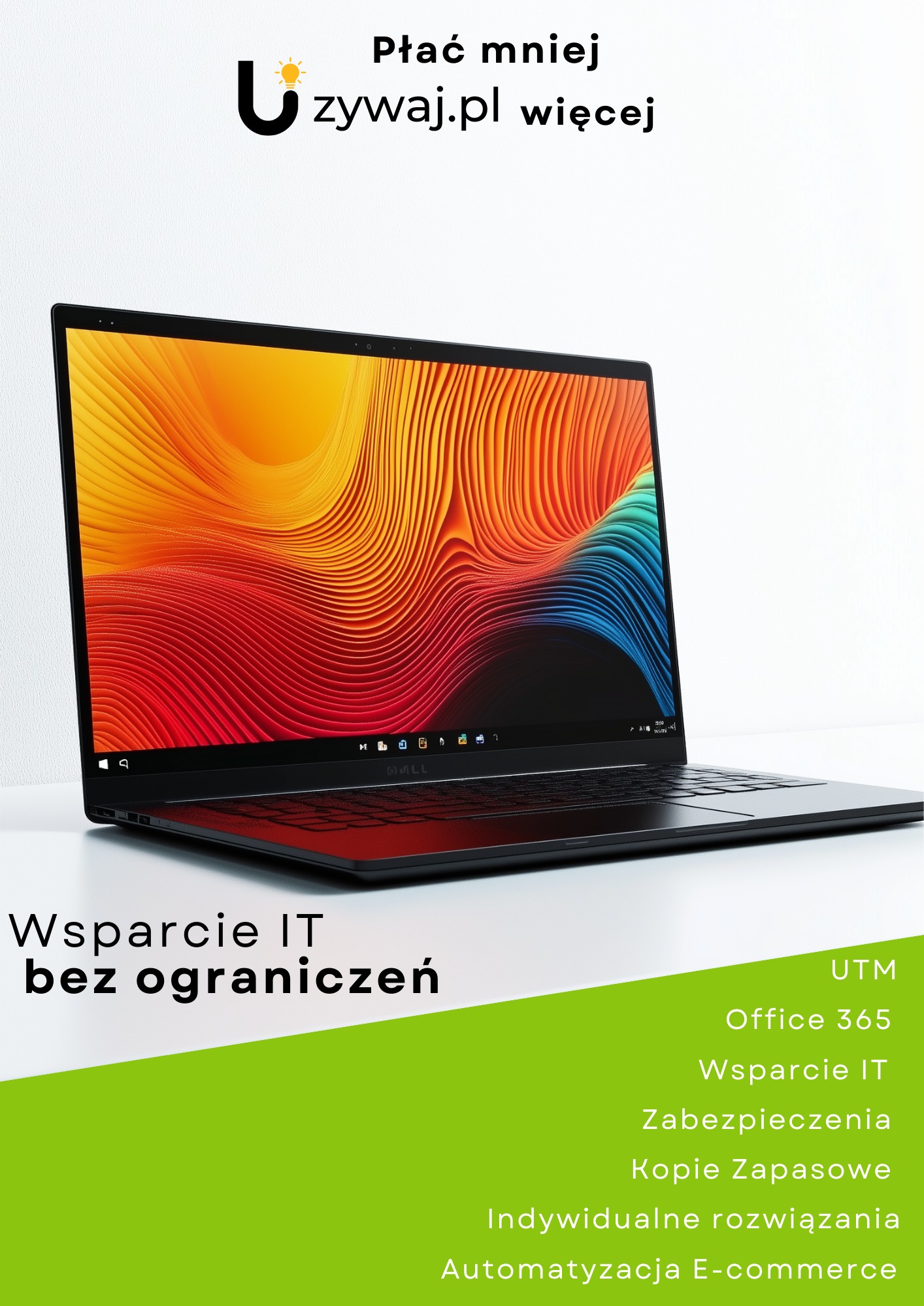 Czarny laptop z wyświetlonym abstrakcyjnym tłem w odcieniach czerwieni, pomarańczy i błękitu, umieszczony na białym tle, z widocznym logo firmy i hasłem reklamowym 'Wsparcie IT bez ograniczeń'.