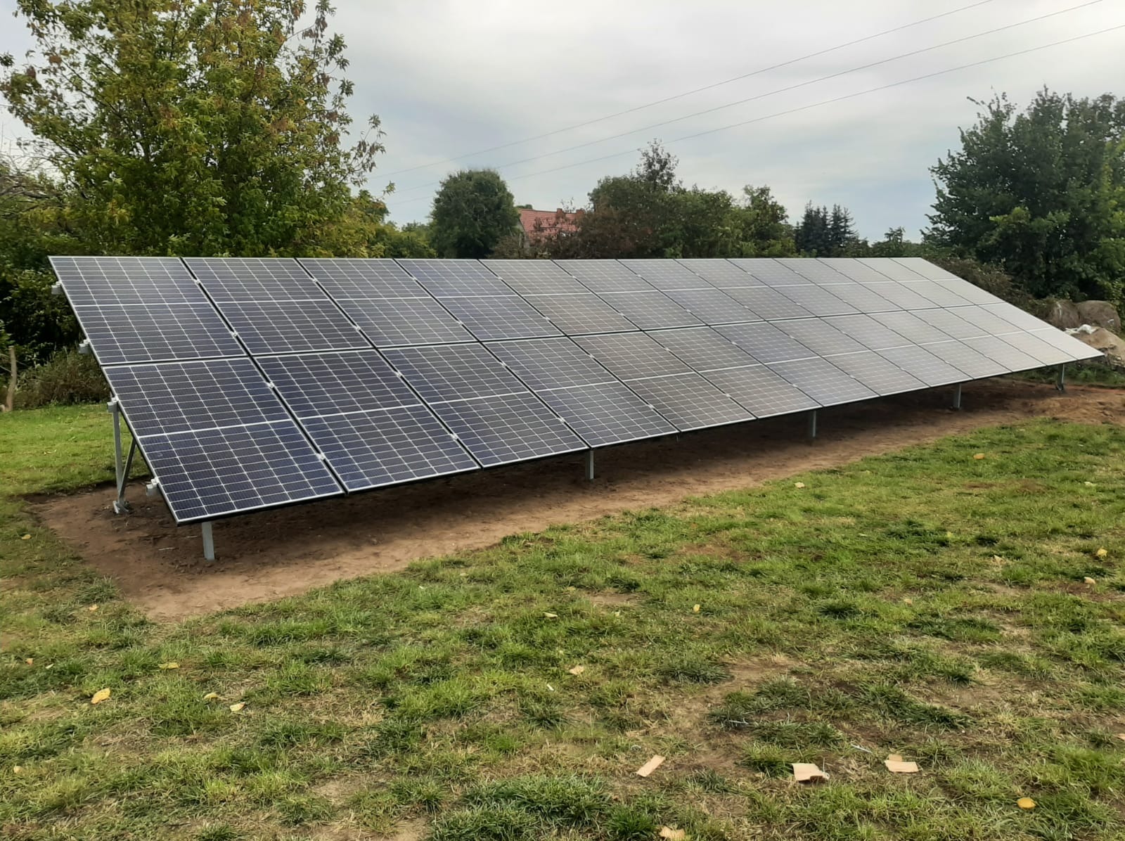 Rząd paneli fotowoltaicznych zamontowanych na metalowej konstrukcji na trawiastym terenie, widoczne drzewa i linia energetyczna w tle.