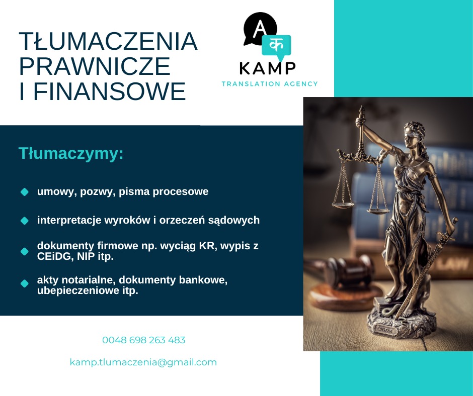 Grafika reklamowa agencji tłumaczeń z tekstem o tłumaczeniach prawniczych i finansowych, logo firmy, posągiem Temidy i książkami w tle.