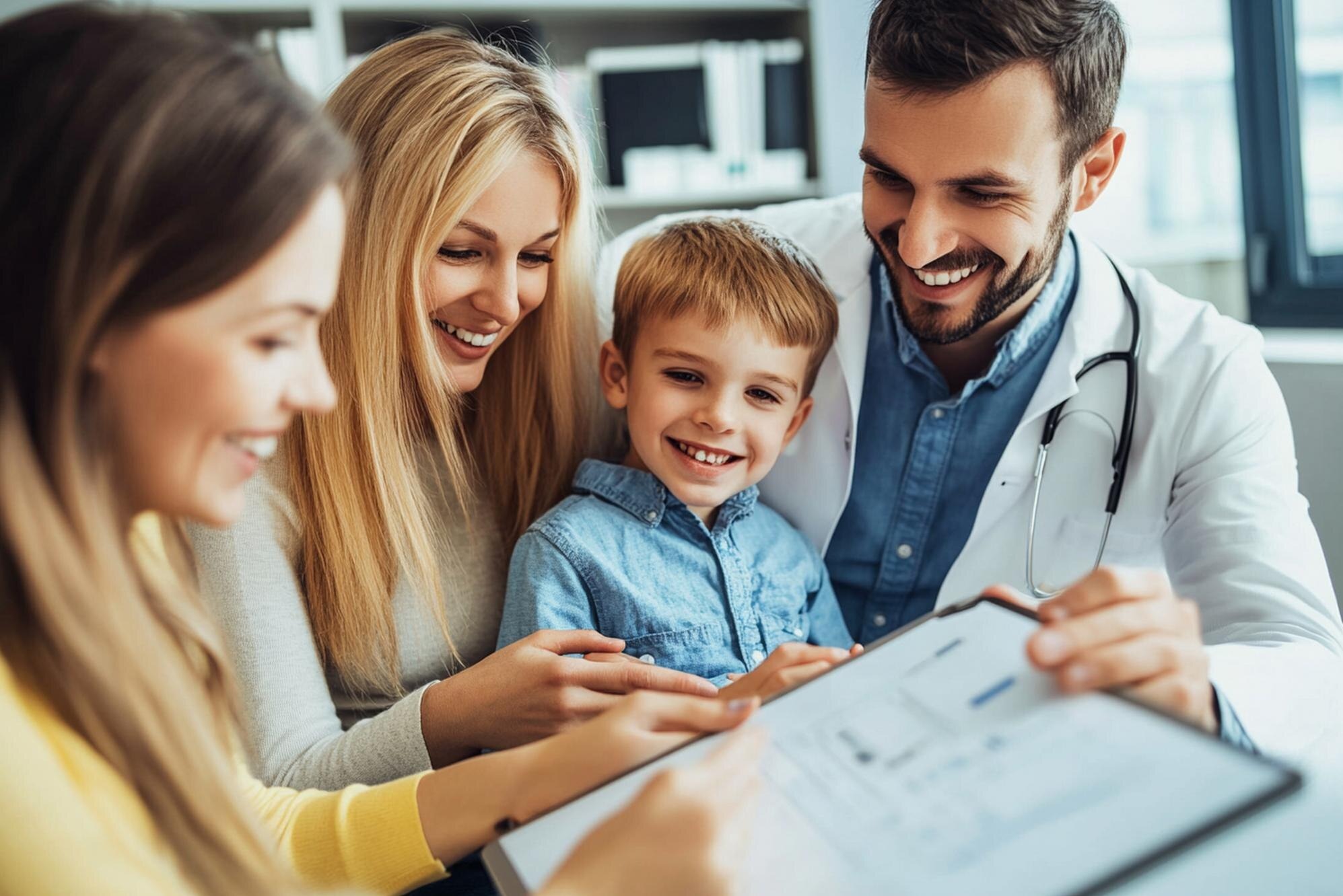 Uśmiechnięta rodzina z synem konsultuje dokument z lekarzem w białym fartuchu i stetoskopem na szyi, w tle jasne wnętrze gabinetu.