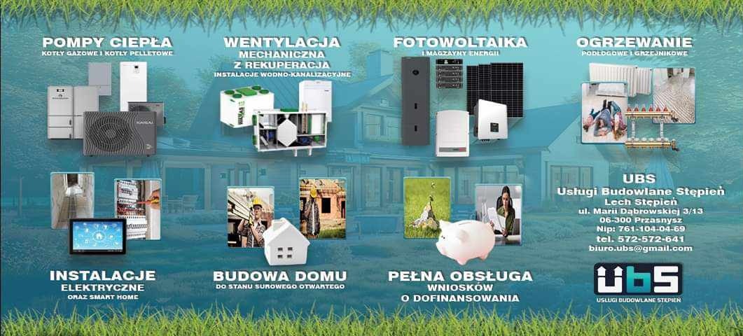 Ulotka reklamowa firmy UBS Usługi Budowlane Stępień prezentująca szeroki zakres usług: od pomp ciepła i wentylacji mechanicznej z rekuperacją, przez fotowoltaikę i ogrzewanie podłogowe, po...
