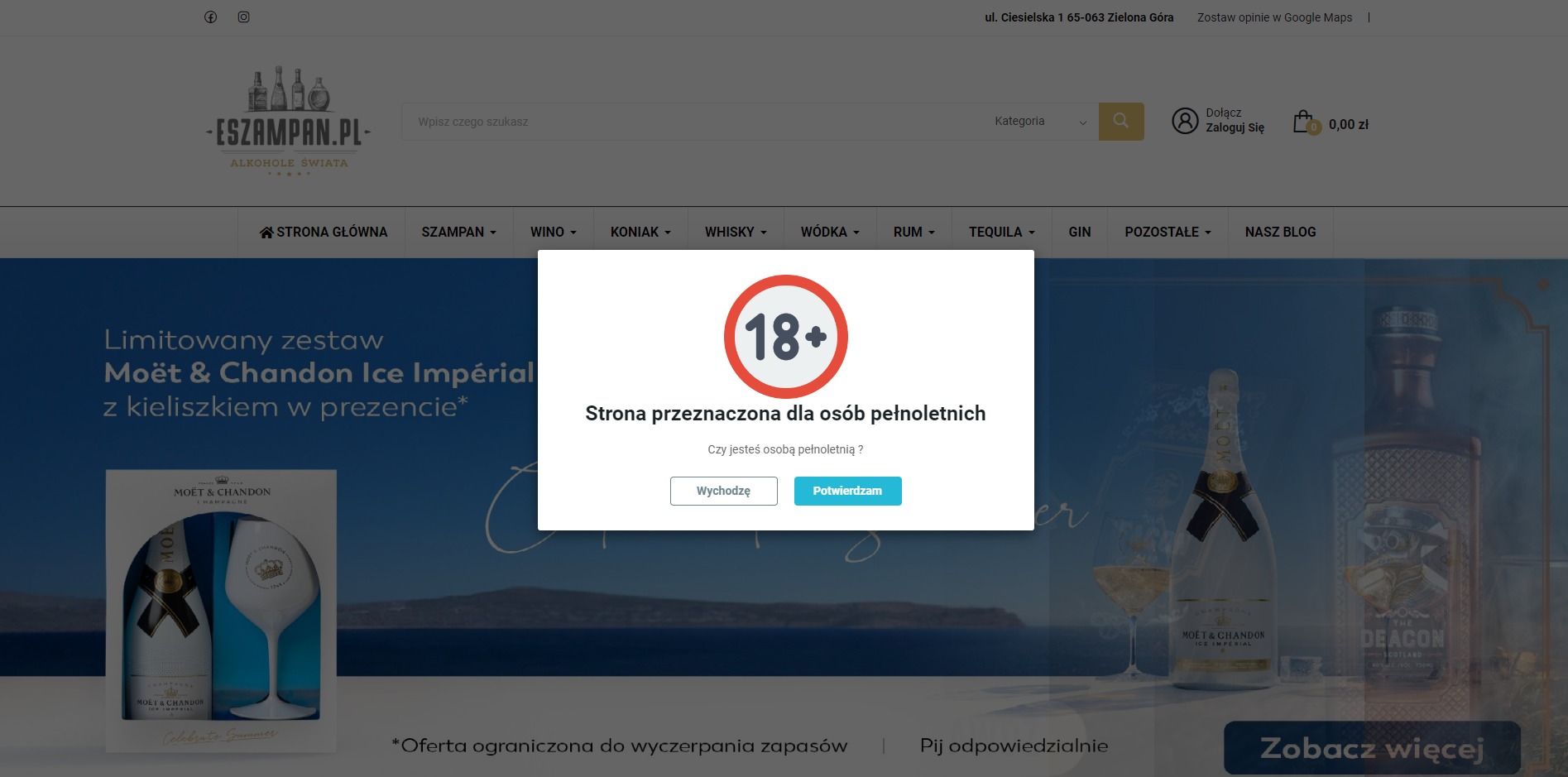 Okno z komunikatem 18+ na stronie internetowej sklepu z alkoholami Eszampan.pl, prezentującym ofertę szampana Moët & Chandon Ice Impérial i innych alkoholi.