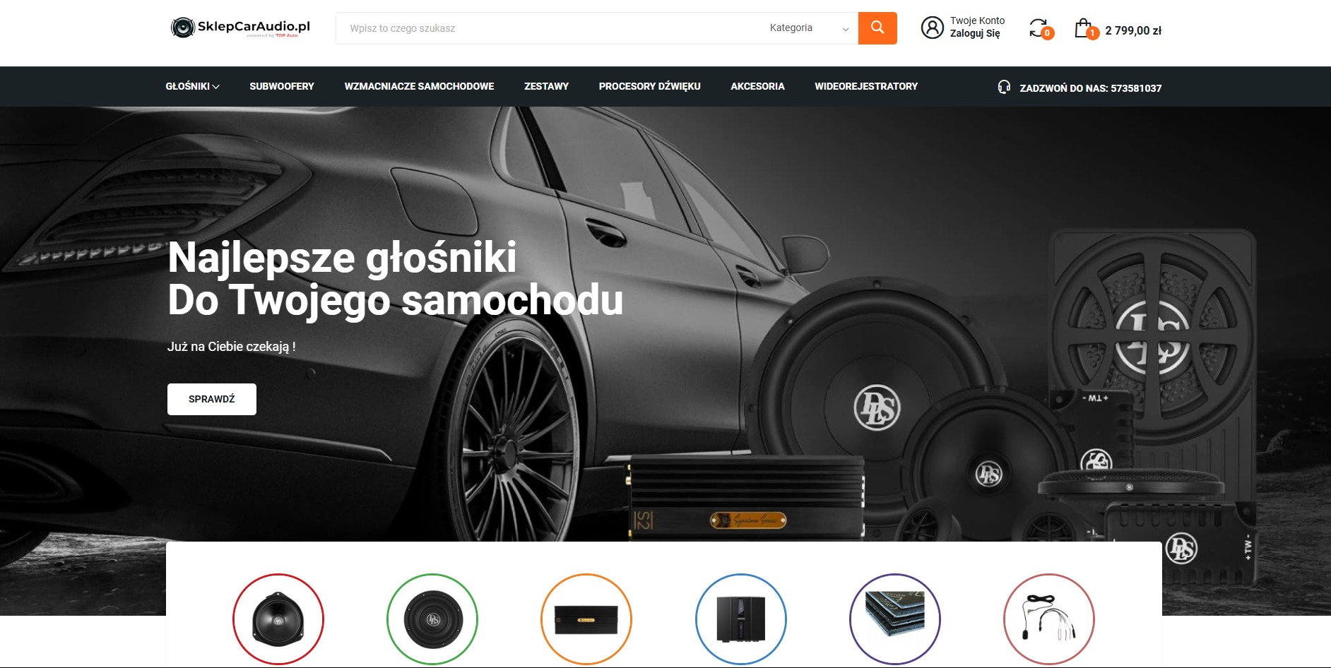 Strona internetowa sklepu z car audio prezentująca głośniki samochodowe, subwoofery i wzmacniacze na tle luksusowego auta.