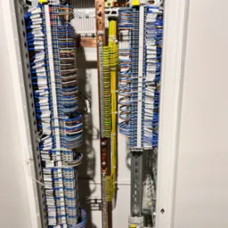 Rozdzielnica elektryczna z precyzyjnie ułożonymi przewodami o różnych kolorach, podłączonymi do listew zaciskowych z etykietami, widoczne szyny DIN i elementy montażowe wewnątrz szafy.