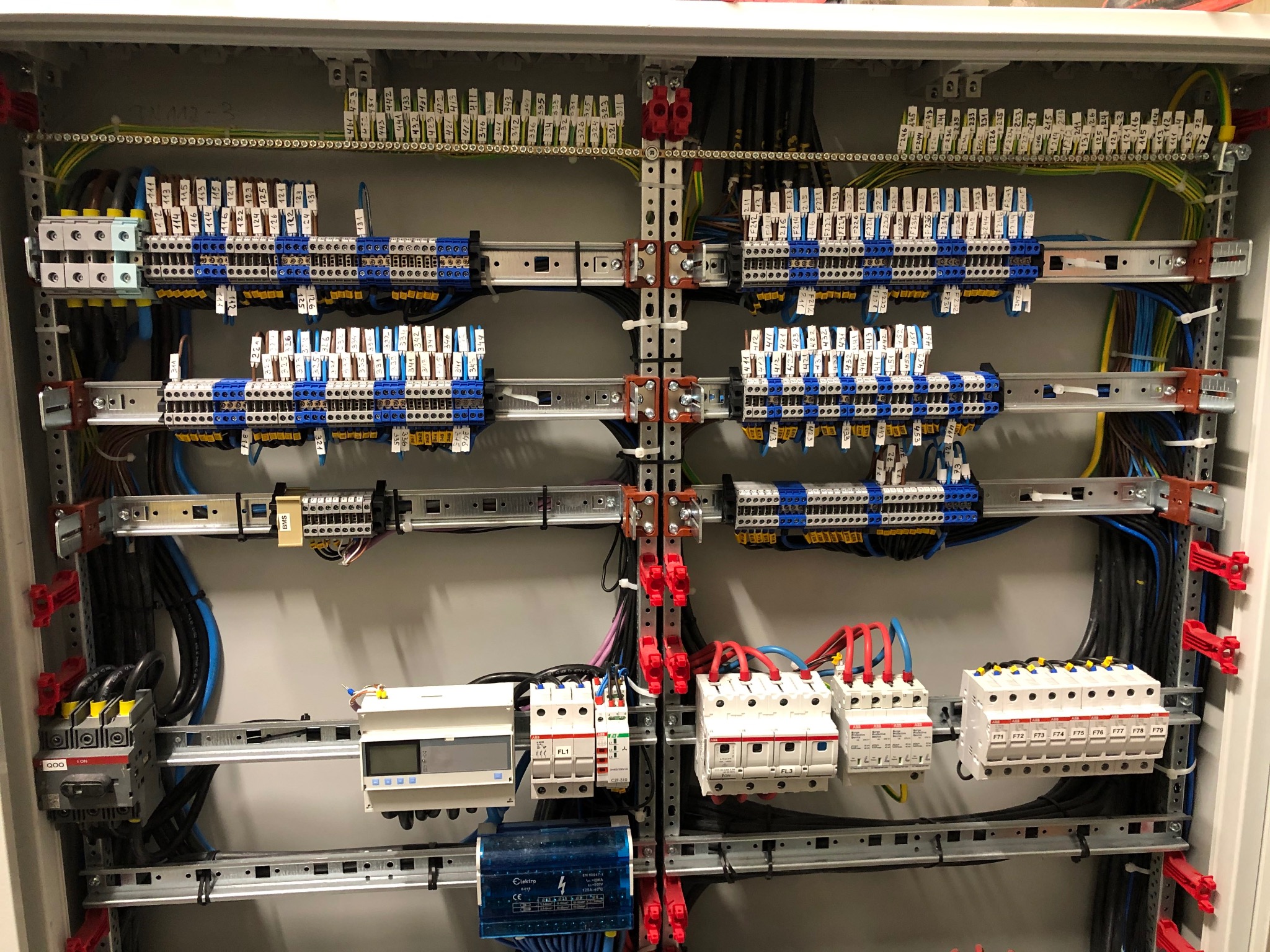 Rozdzielnica elektryczna z widocznymi bezpiecznikami, przewodami o różnych kolorach, listwami zaciskowymi i modułami zabezpieczającymi, uporządkowane okablowanie w metalowej obudowie.