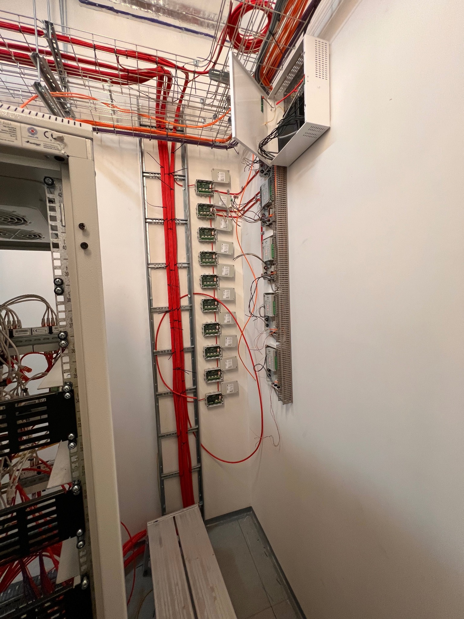 Rozdzielnia elektryczna z licznymi przewodami ułożonymi w korytkach kablowych, widoczne moduły i listwy zaciskowe na ścianie, instalacja w trakcie montażu.