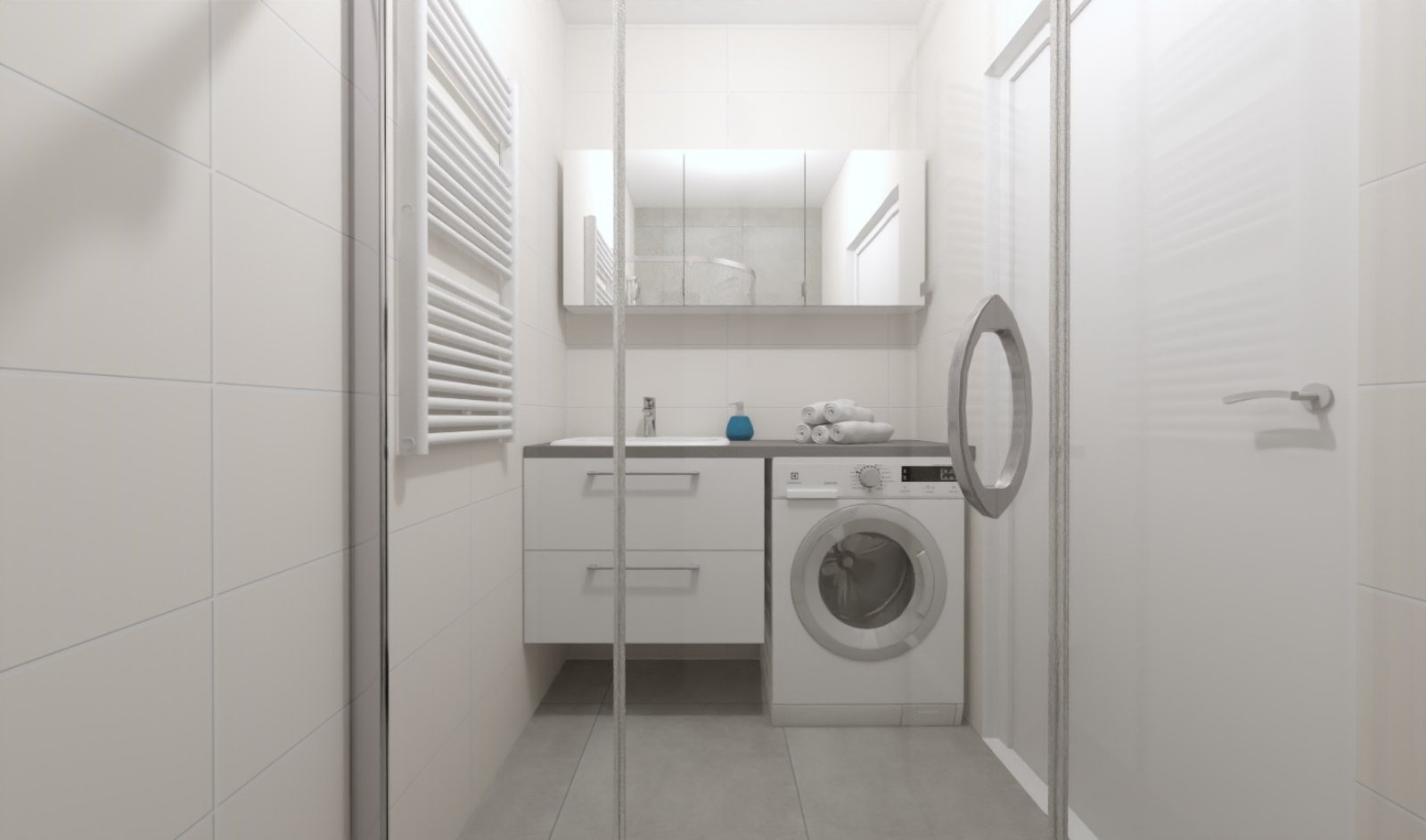 Jasna łazienka z umywalką w szafce, pralką Electrolux, grzejnikiem drabinkowym i kabiną prysznicową ze szklanymi drzwiami.