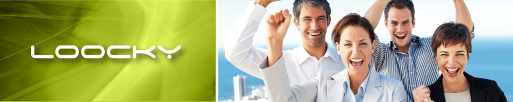Logo LOOCKY na zielonym tle z rozmazanymi liniami i grupa podekscytowanych, uśmiechniętych osób w biznesowych strojach z podniesionymi rękami na tle morza i miasta.