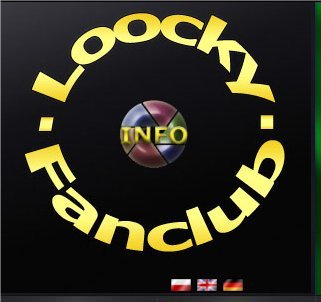 Grafika z logo LOOCKY Fanclub, okrąg z napisem w kolorze złotym, centralnie kula z napisem INFO, flagi Polski, Wielkiej Brytanii i Niemiec w dolnej części.