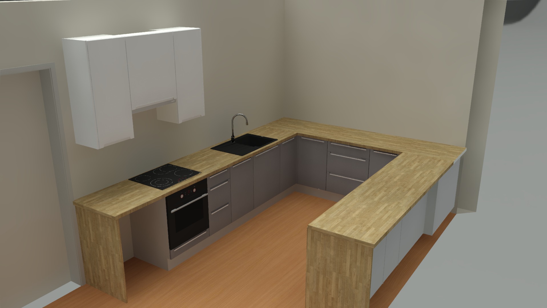 Wizualizacja 3D kuchni z zabudową w kształcie litery U, drewnianym blatem i szarymi szafkami, widok z góry.