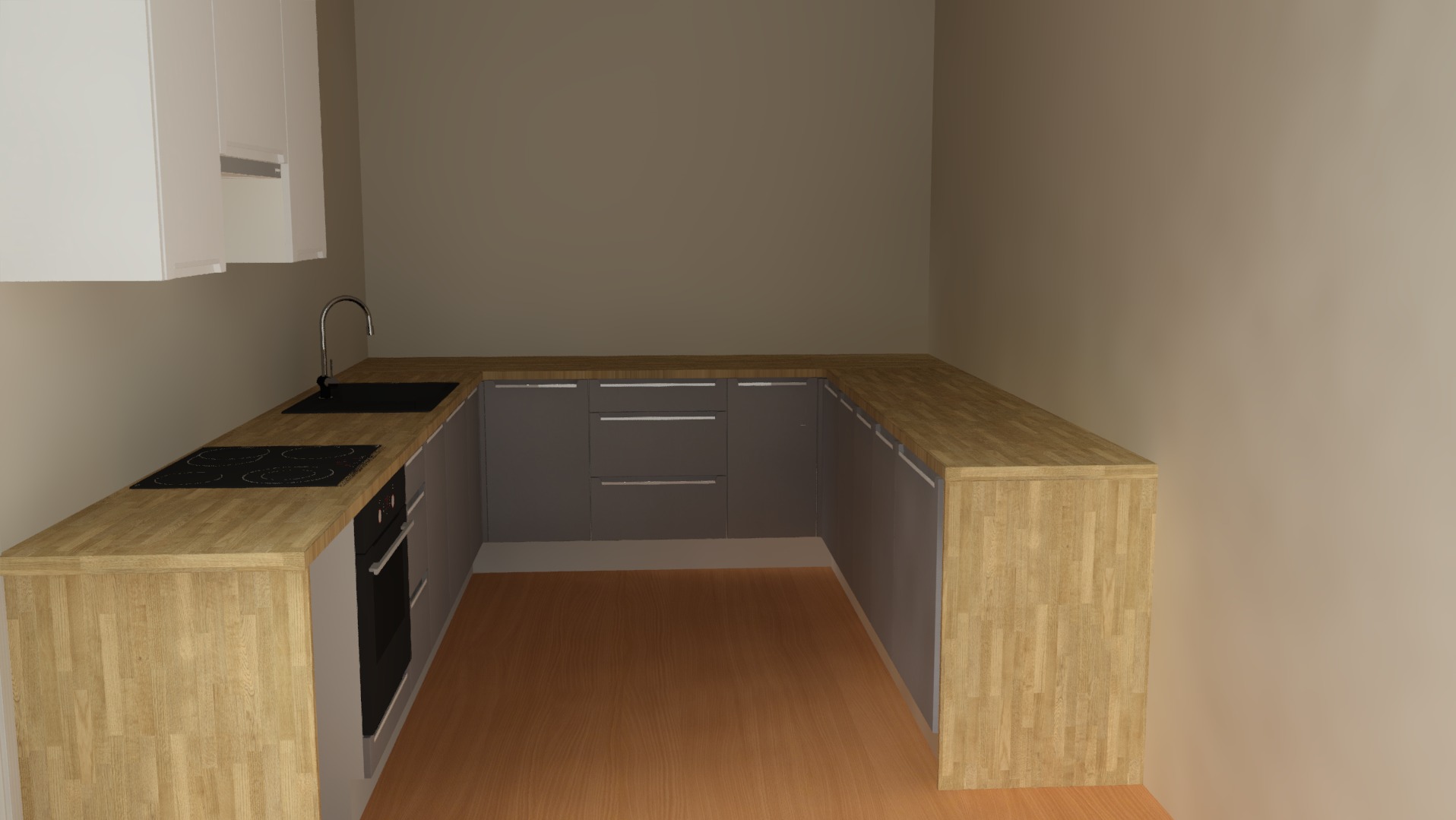 Projekt kuchni w kształcie litery U z drewnianymi blatami, szarymi szafkami i białymi szafkami wiszącymi, widok z perspektywy