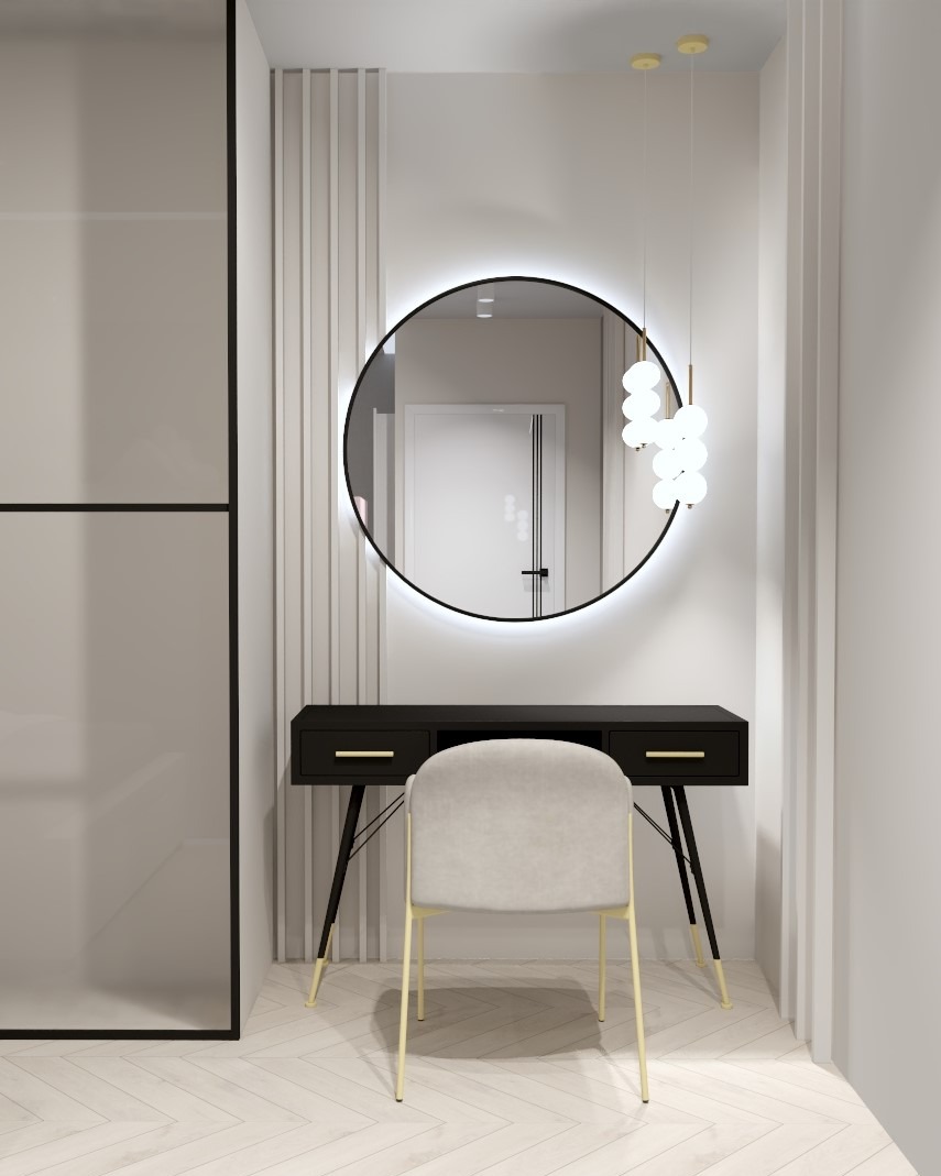 Nowoczesna łazienka z czarną toaletką, okrągłym lustrem z podświetleniem LED, designerską lampą wiszącą i krzesłem w kolorze ecru na parkiecie w jodełkę.