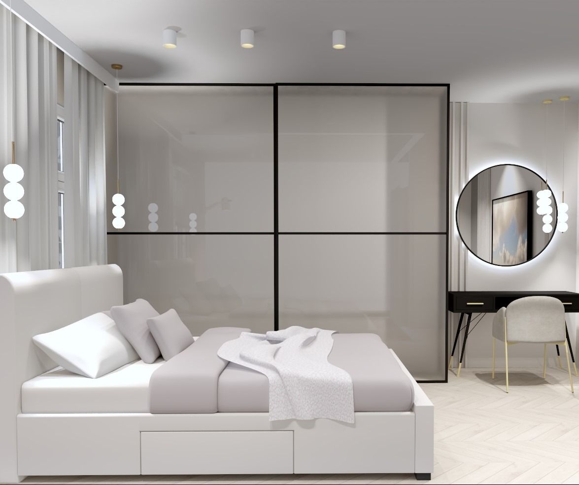 Nowoczesna sypialnia w bieli i szarościach z łóżkiem z szufladami, przesuwną szafą z czarnymi ramami, okrągłym lustrem z podświetleniem LED nad czarną toaletką i parkietem w jodełkę.
