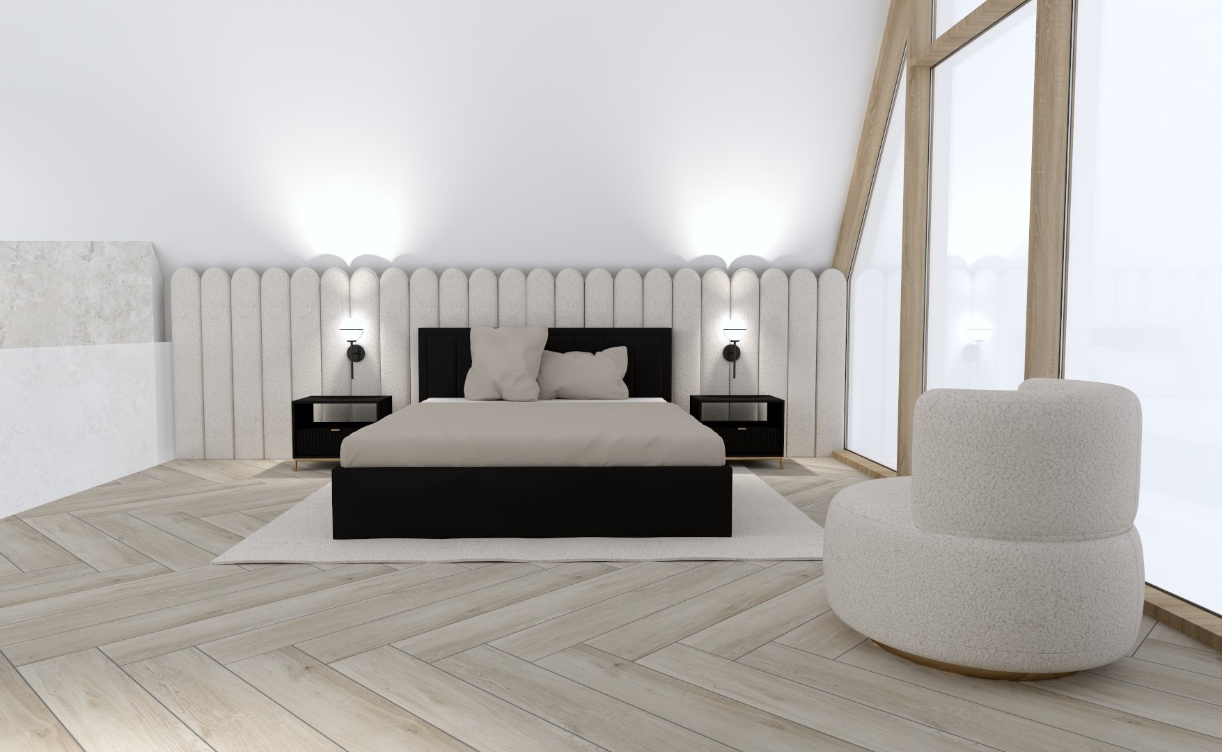 Nowoczesna sypialnia z łóżkiem na czarnej ramie, beżową pościelą, tapicerowanym zagłówkiem w pionowe pasy, czarnymi szafkami nocnymi z lampkami, parkietem w jodełkę i oknem ze szprosami.