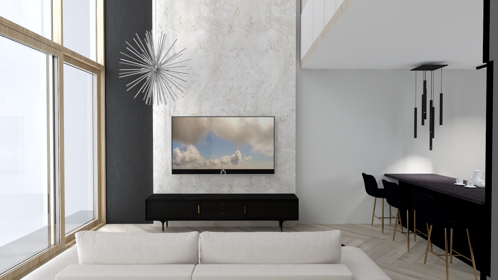 Nowoczesny salon z białym narożnikiem, czarną szafką RTV pod telewizorem, dekoracyjną lampą w kształcie gwiazdy i barem z czarnymi hokerami na złotych nóżkach.