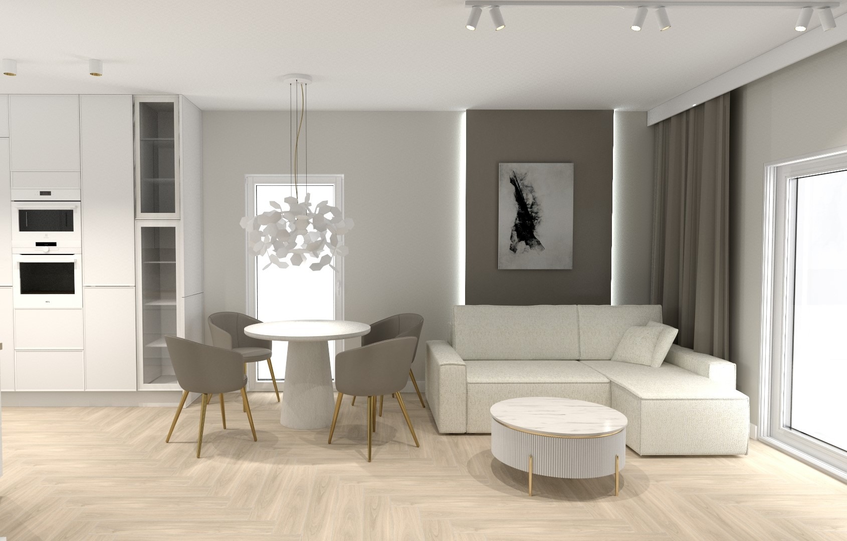 Wizualizacja wnętrza: jasny salon z okrągłym stołem, szarymi krzesłami na złotych nogach, białą sofą narożną i okrągłym stolikiem kawowym z marmurowym blatem, parkiet w jodełkę.