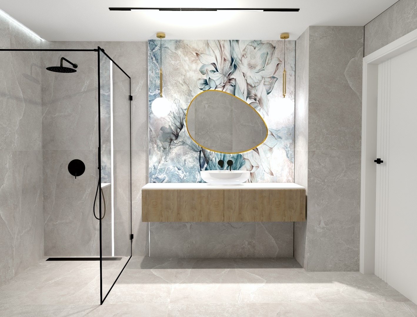 Nowoczesna łazienka w Kaliszu z kabiną prysznicową typu walk-in, umywalką nablatową na drewnianej szafce wiszącej i lustrem w złotej ramie na tle ściany z motywem kwiatowym.