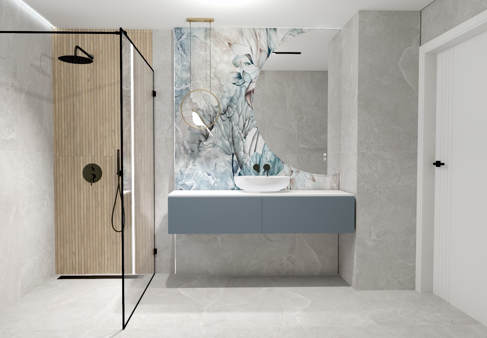 Nowoczesna łazienka z kabiną prysznicową typu walk-in, umywalką nablatową na szafce w kolorze gołębim, lustrem z motywem roślinnym i szarą płytką imitującą kamień.