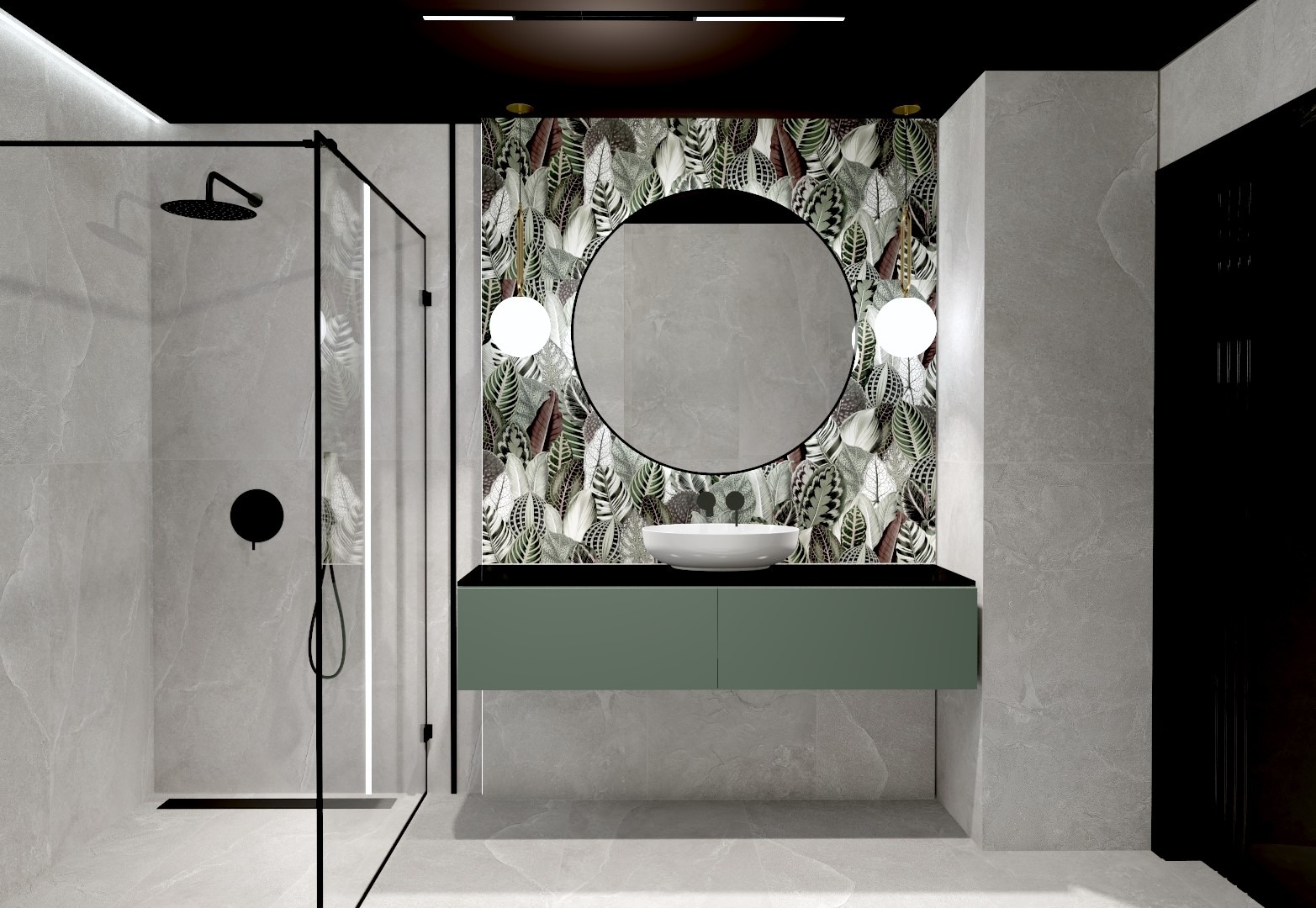 Nowoczesna łazienka z kabiną prysznicową typu walk-in, okrągłym lustrem na tle tapety w motywy liści, umywalką nablatową i zieloną szafką pod umywalką.