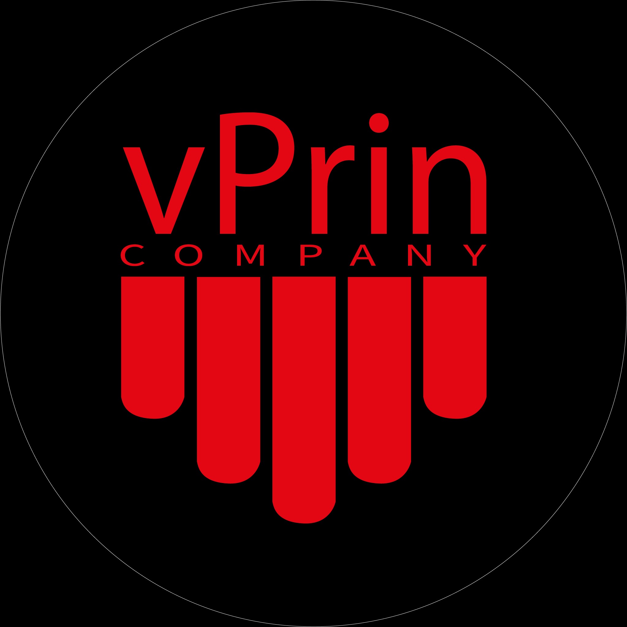 Logo firmy vPrin Company w kolorze czerwonym na czarnym tle, z stylizowanymi pionowymi paskami pod napisem.