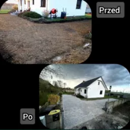 Porównanie stanu terenu przed i po wykonaniu prac: widok na dom z nierównym, ziemistym terenem przed rozpoczęciem prac oraz widok po zakończeniu prac z ułożoną kostką brukową.