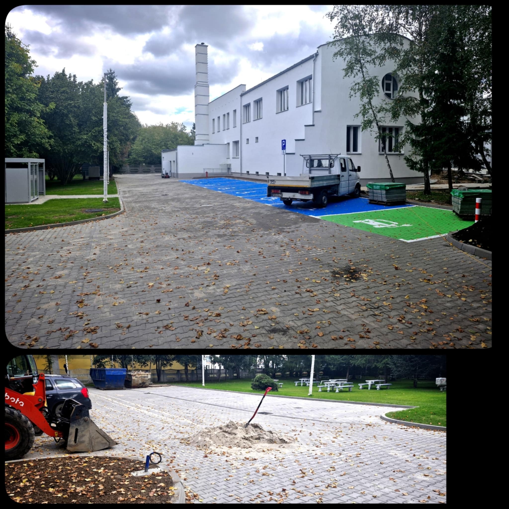 Dwa ujęcia placu z kostki brukowej: górne przedstawia plac z nowo wyznaczonymi, kolorowymi miejscami parkingowymi oraz zaparkowanym samochodem dostawczym, dolne ukazuje pryzmę piasku...