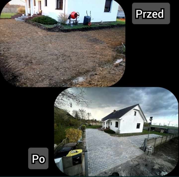 Porównanie stanu terenu przed i po wykonaniu prac: widok na dom z nierównym, ziemistym terenem przed rozpoczęciem prac oraz widok po zakończeniu prac z ułożoną kostką brukową.