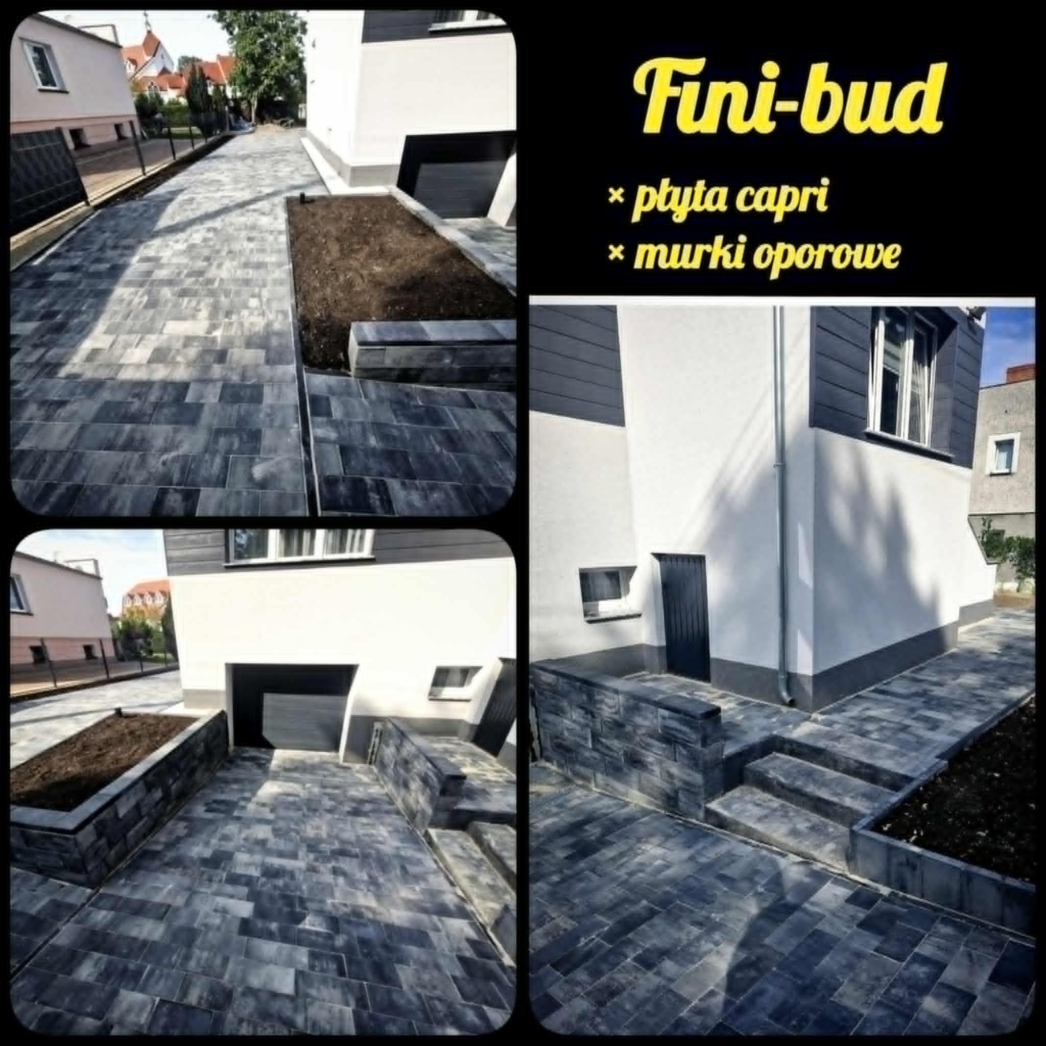 Nowoczesna posesja z szarej kostki brukowej Capri, obejmująca podjazd, ścieżkę i murek oporowy, prezentowana w kolażu z logo firmy Fini-bud.