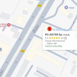 Mapa z pinezką wskazującą lokalizację PC-ENTER Sp. z o.o. przy ulicy Ślężnej 148. Widoczne oceny 5.0 i informacja o usługach informatycznych.