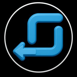 PC-ENTER Sp. z o.o. - Błękitna strzałka w kształcie kwadratu z zaokrąglonymi rogami, wskazująca w lewo, umieszczona w białym okręgu na czarnym tle. Symbol odświeżania lub powrotu.