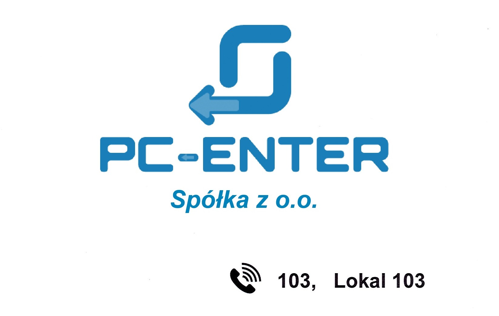 Logo firmy PC-ENTER Spółka z o.o. z niebieskim symbolem strzałki w kwadracie oraz numerem lokalu 103.
