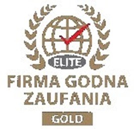 Emblemat 'Firma Godna Zaufania' z globem i czerwoną fajką, wersja Elite Gold.