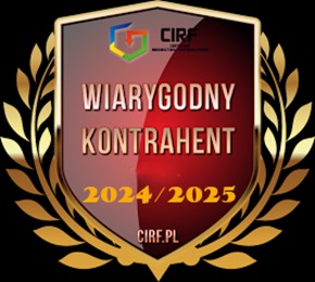 Certyfikat 'Wiarygodny Kontrahent' CIRF na lata 2024/2025, otoczony złotym ornamentem w formie wieńca laurowego, na ciemnym tle.