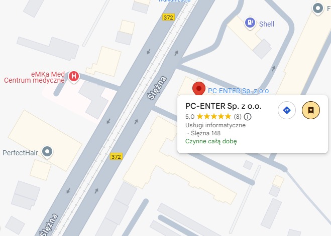 Mapa z pinezką wskazującą lokalizację PC-ENTER Sp. z o.o. przy ulicy Ślężnej 148. Widoczne oceny 5.0 i informacja o usługach informatycznych.