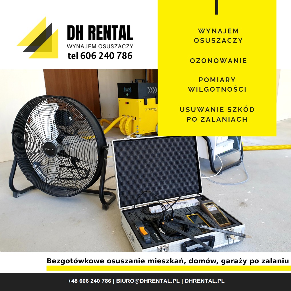 Wentylator przemysłowy, osuszacz powietrza Trotec, otwarty kufer z miernikami wilgotności, reklama firmy DH Rental oferującej wynajem osuszaczy.