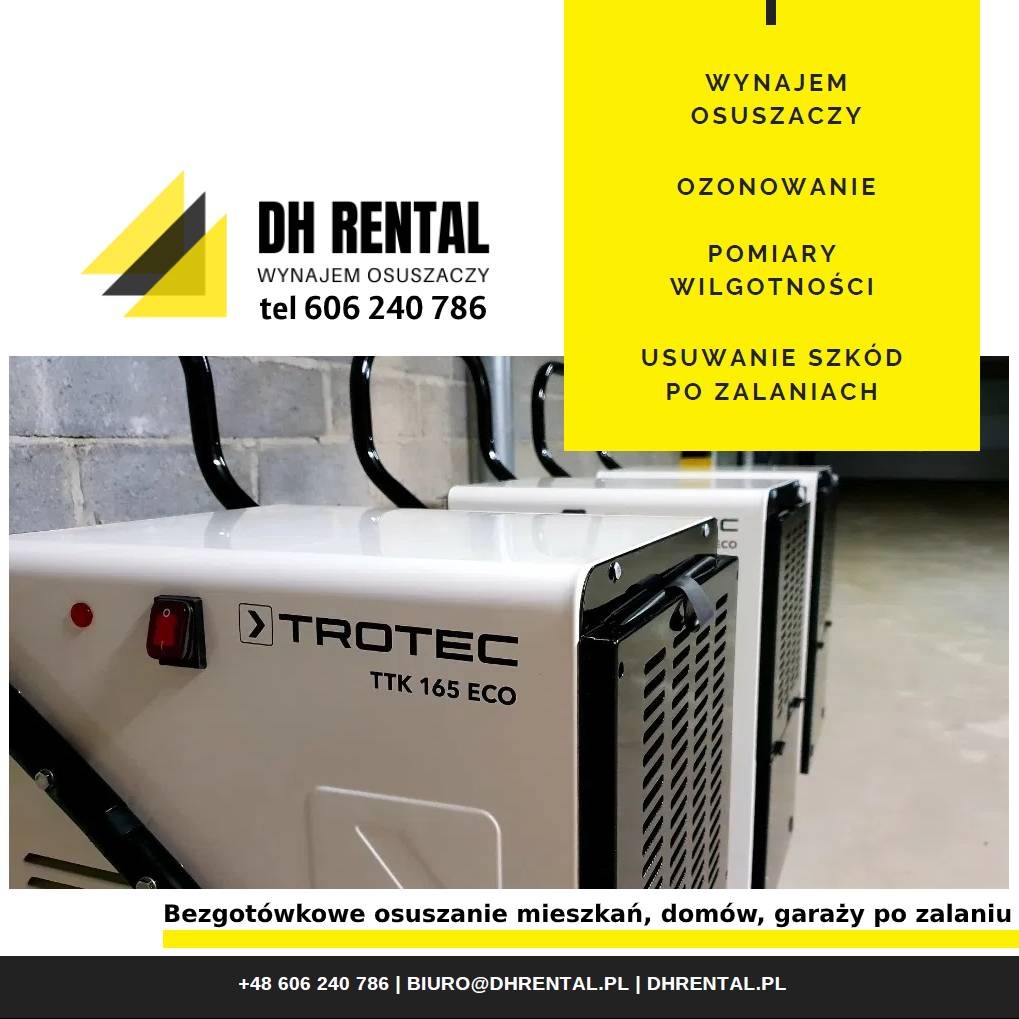 Szereg białych osuszaczy powietrza Trotec TTK 165 ECO z czarnymi uchwytami, z widocznym logo DH Rental i ofertą wynajmu, ozonowania oraz usuwania szkód po zalaniach.