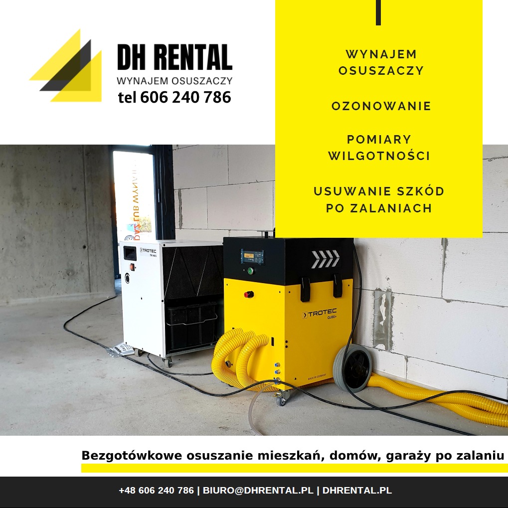 Dwa osuszacze powietrza marki Trotec, jeden biały i jeden żółty, stoją w surowym wnętrzu w trakcie pracy, widoczne węże i kable, na ścianie banner z ofertą firmy DH Rental.
