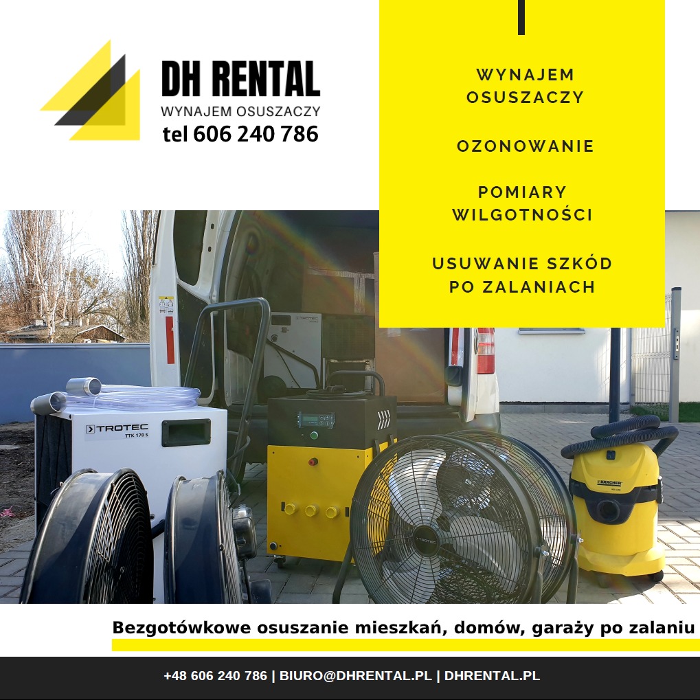 Sprzęt do usuwania wilgoci i skutków zalania: osuszacz powietrza Trotec, wentylatory, ozonator i odkurzacz Karcher w przestrzeni ładunkowej białego busa DH Rental na tle drzew bez liści.