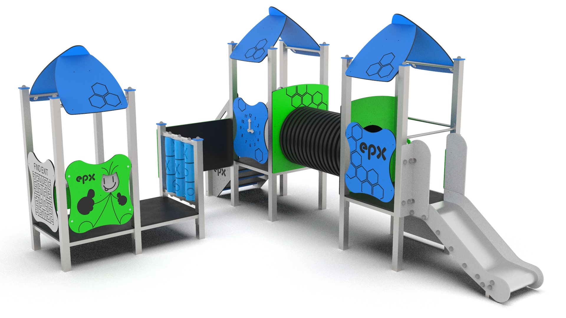 Wizualizacja 3D modułowej konstrukcji zabawowej z tunelem, zjeżdżalnią i elementami edukacyjnymi: labirynt, zegar, symbole.