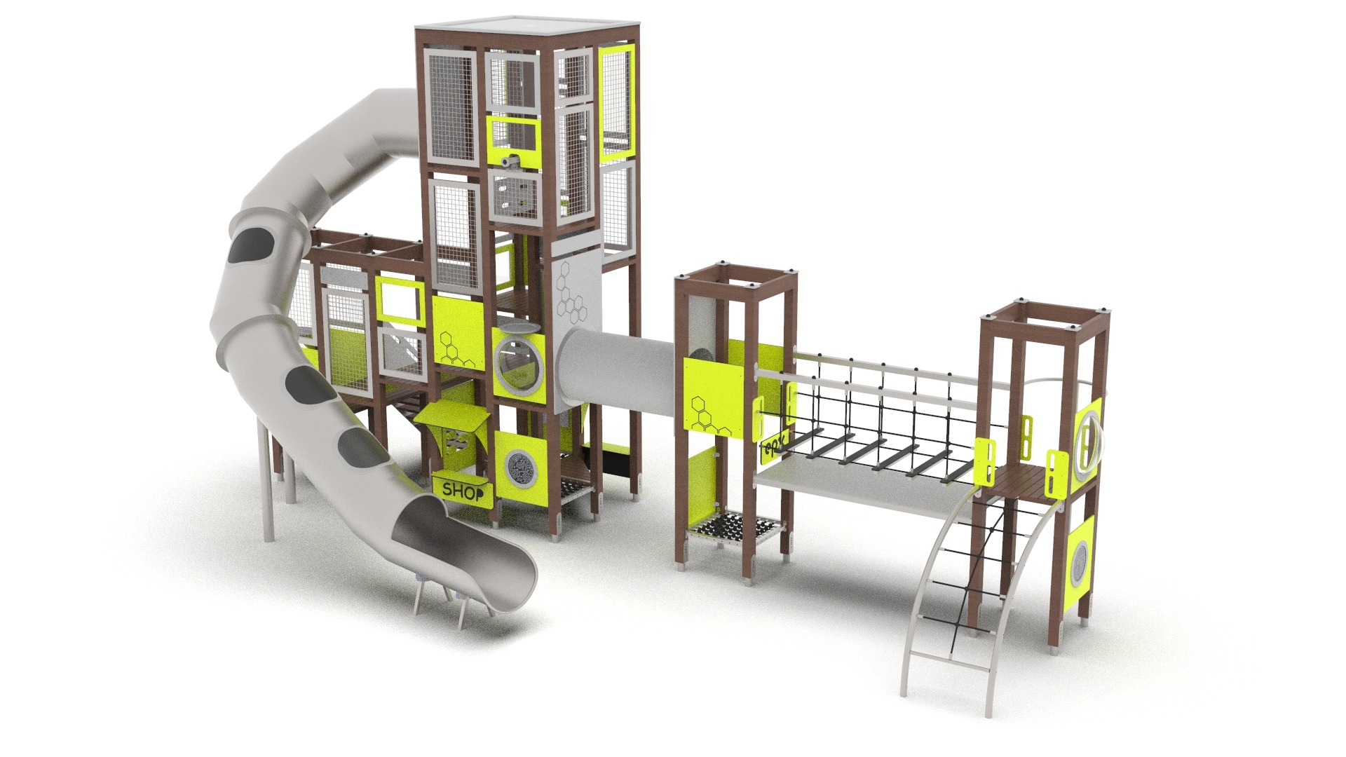 Wizualizacja nowoczesnego placu zabaw z brązowymi elementami konstrukcyjnymi, szarą zjeżdżalnią tunelową i mostem linowym, akcenty w kolorze limonkowym i siatki zabezpieczające.