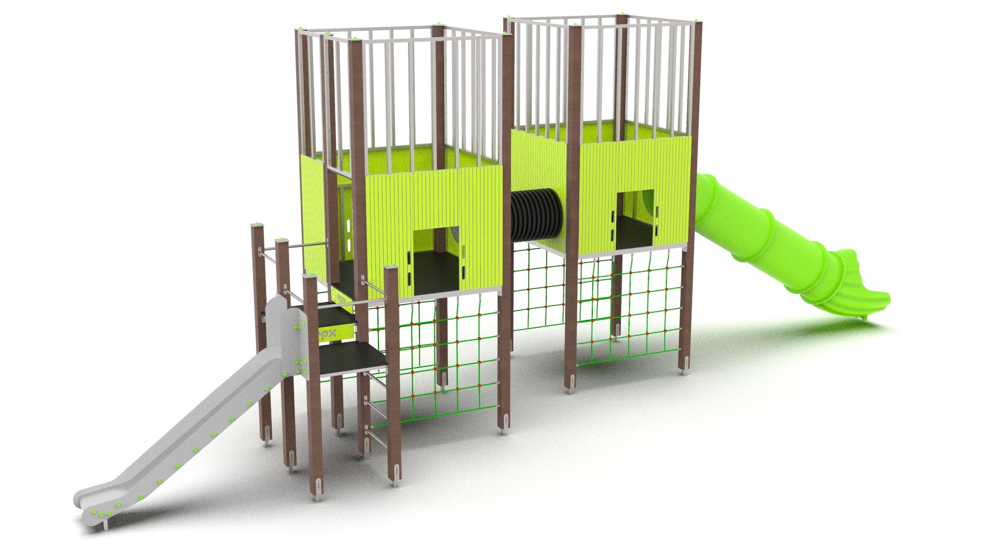 Wizualizacja dwuwieżowej konstrukcji zabawowej z tunelem łączącym i dwiema zjeżdżalniami, utrzymana w odcieniach zieleni, brązu i szarości, otoczona siatką zabezpieczającą.