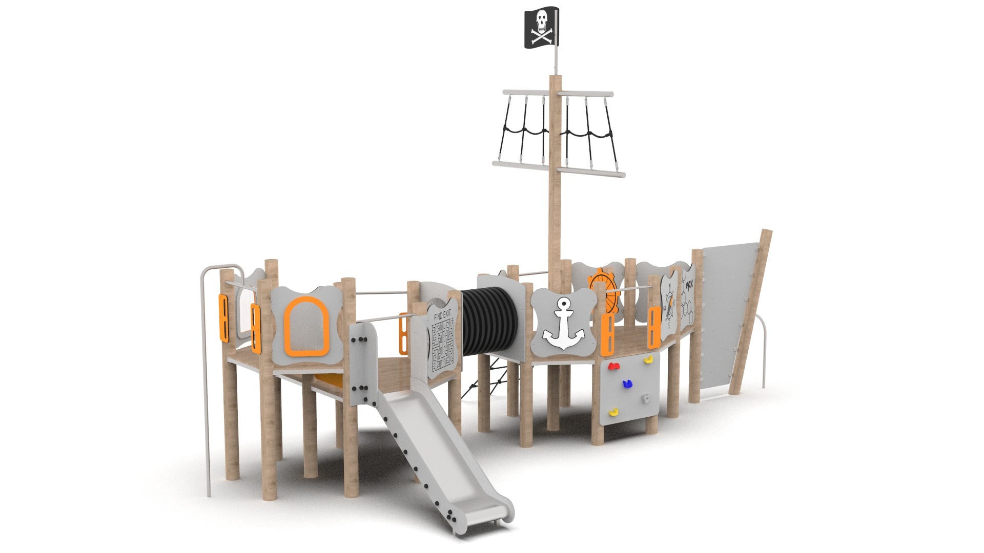 Drewniany plac zabaw w kształcie statku pirackiego z białymi elementami, drabinką sznurową, zjeżdżalnią i ścianką wspinaczkową na białym tle.
