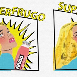 DANS - Pop-artowa ilustracja przedstawiająca kobietę z blond włosami i butelką napoju Frugo na tle żółtej eksplozji i napisu SUPERFRUGO, powielona dwukrotnie.