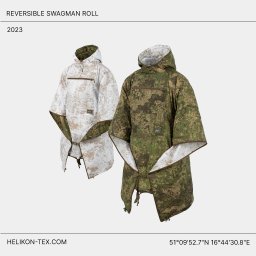 DANS - Dwustronna narzuta/poncho z kapturem w kamuflażu cyfrowym, prezentująca wersję zimową (biało-brązową) i leśną (zielono-brązową), z widocznymi detalami jak zamek błyskawiczny i logo producenta.