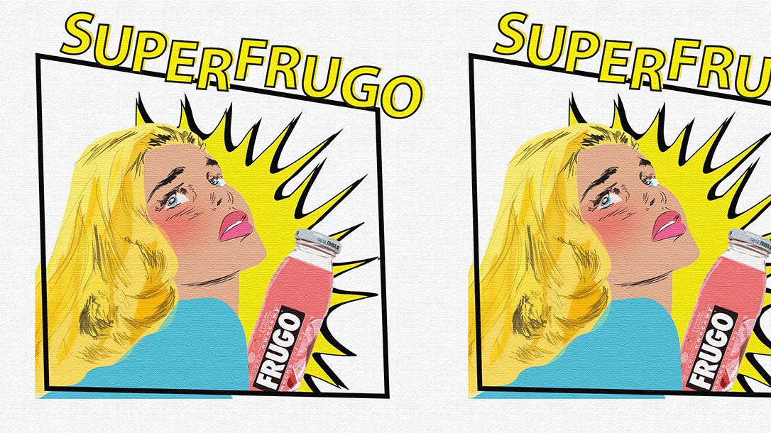 Pop-artowa ilustracja przedstawiająca kobietę z blond włosami i butelką napoju Frugo na tle żółtej eksplozji i napisu SUPERFRUGO, powielona dwukrotnie.